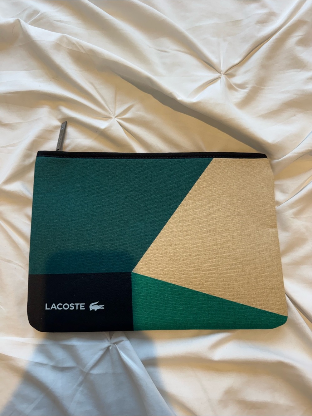 Lacoste Geometric Canvas Pouch in Green and Beige